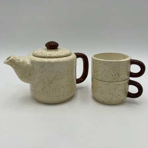 Vintage Ceramic Pottery Teapot Cups Set Hand Made Cream Brown‎ Two Stacking Cups